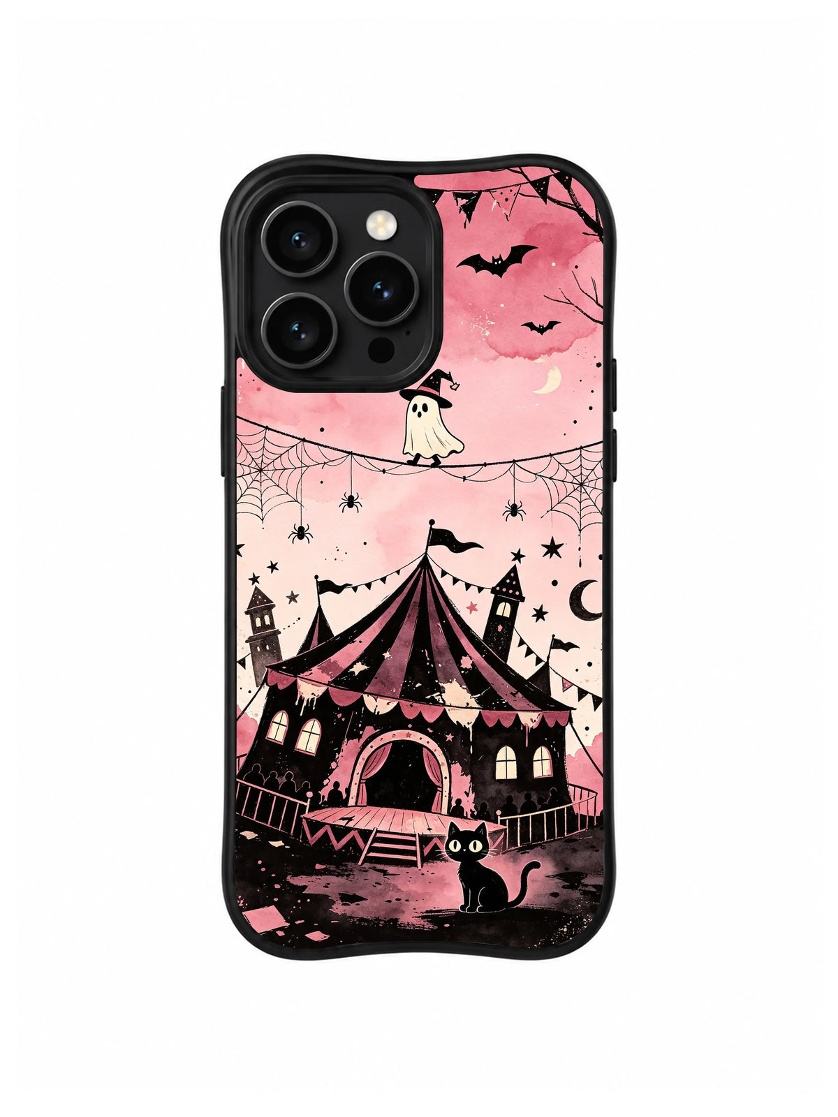 Moon Tent Tightrope ghost circus artwork on an iPhone 13 Pro case