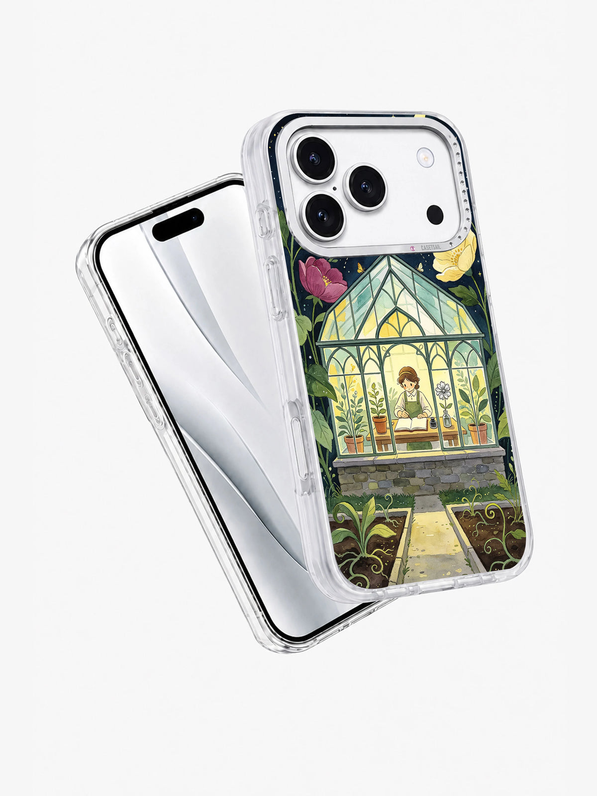 Angled view of Silver Flower Conservatory iPhone case