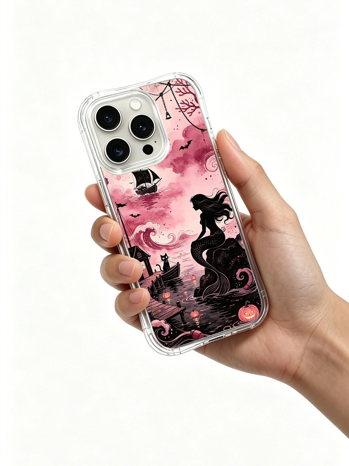 Pink ocean siren phone case held in hand