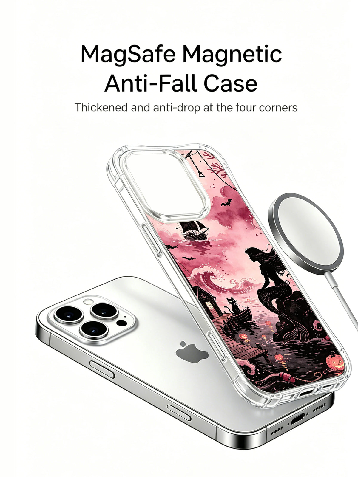 Pink coastal gothic siren iPhone 13 Pro case angled view