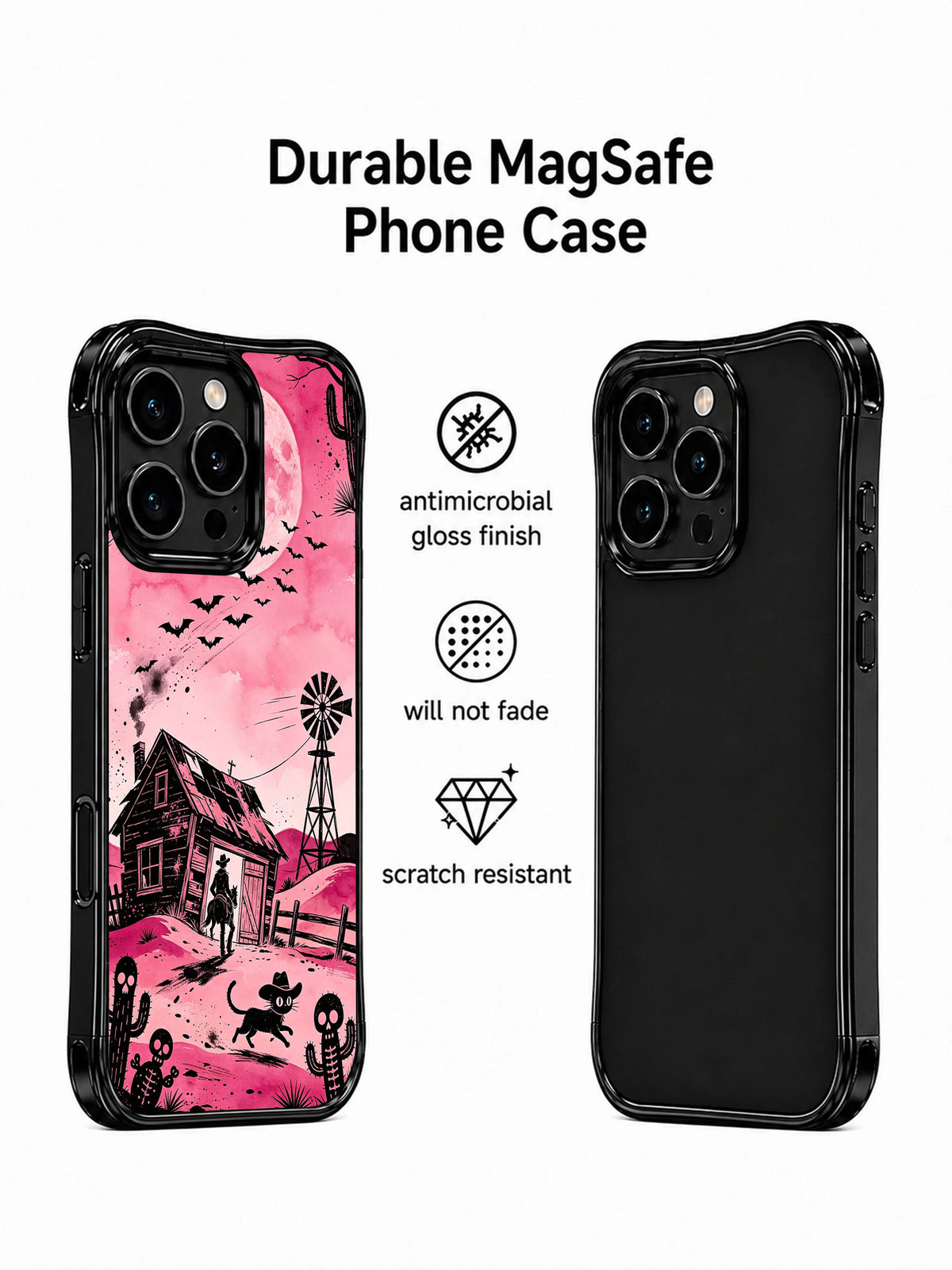 Skeleton cactus, cowboy, and black cat iPhone 13 Pro case detail