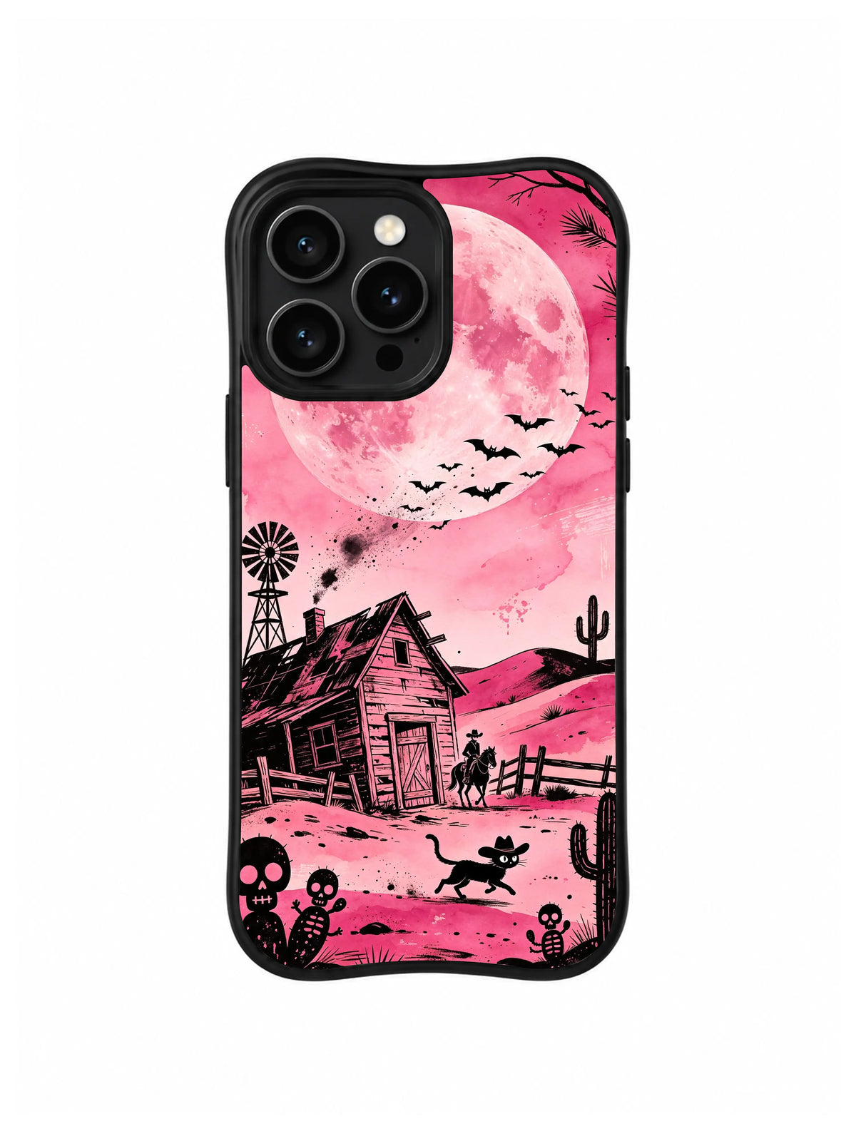 Pink Moon Crossing cowboy and black cat artwork on an iPhone 13 Pro case