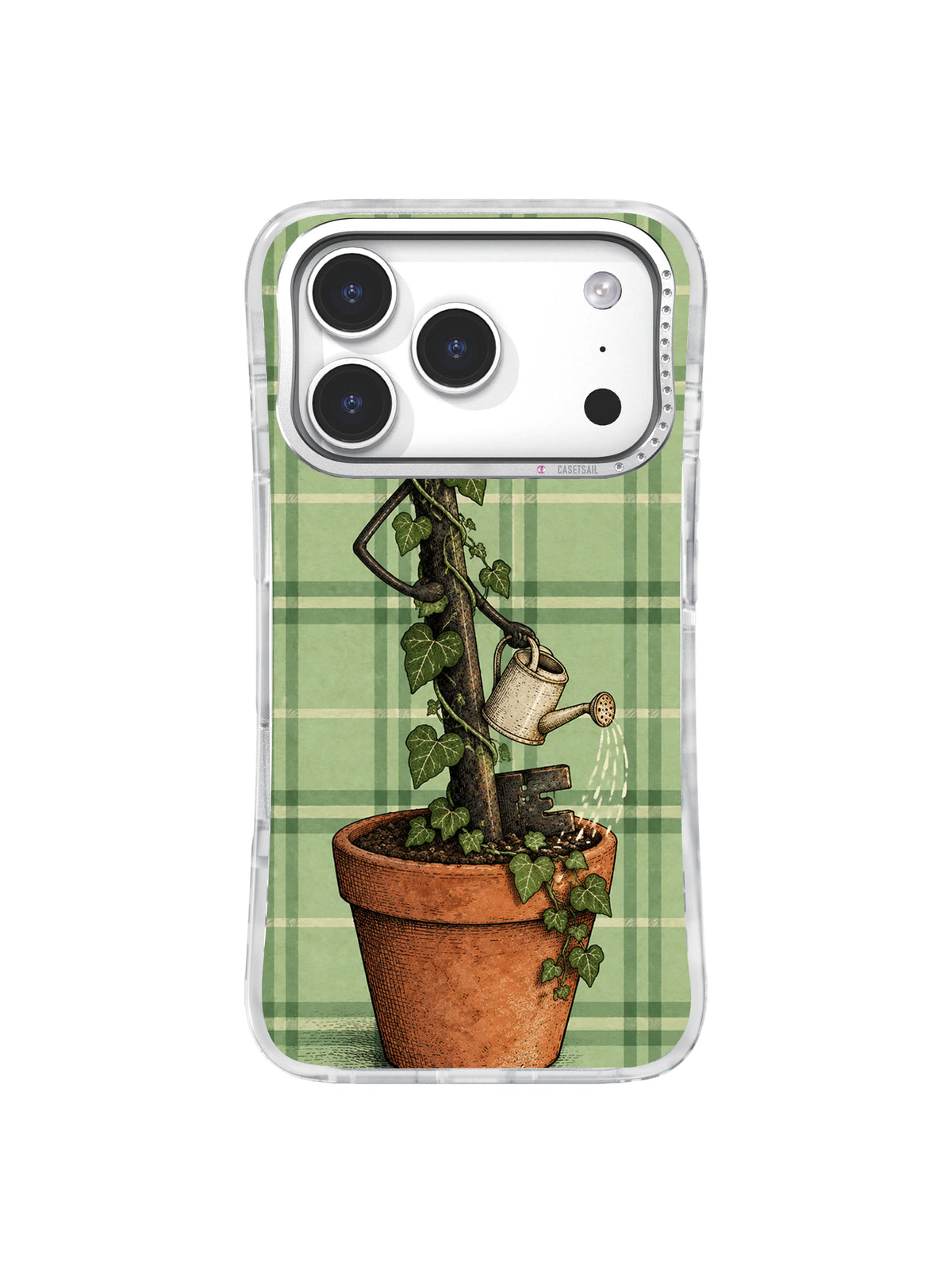Skeleton Key Gardener watering key on mint plaid iPhone 17 Pro case, pattern three