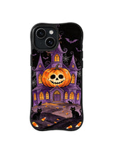 Skull Pumpkin Cathedral: A skull-faced pumpkin crowns a purple cathedral above a dark candy-strewn path.