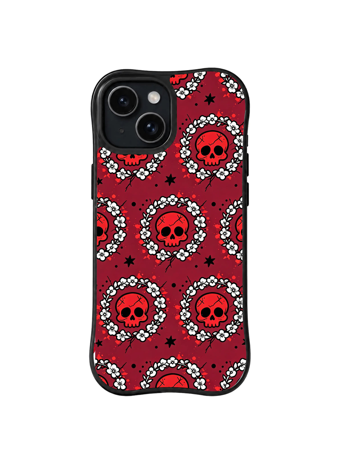 Skull Wreath Parade: Red skulls repeat inside white flower wreaths with black stars on burgundy.