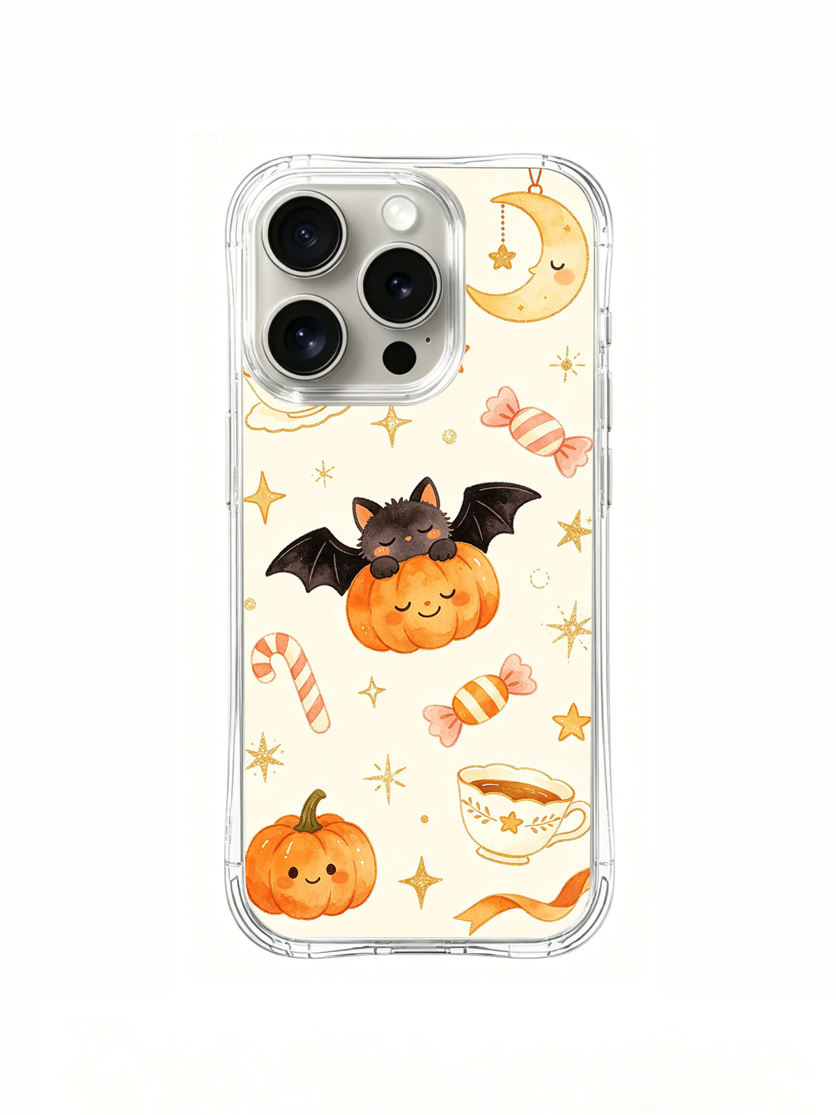 Sleepy Bat Ribbon Party iPhone 14 Pro case front view with bat, pumpkin, candy and moon