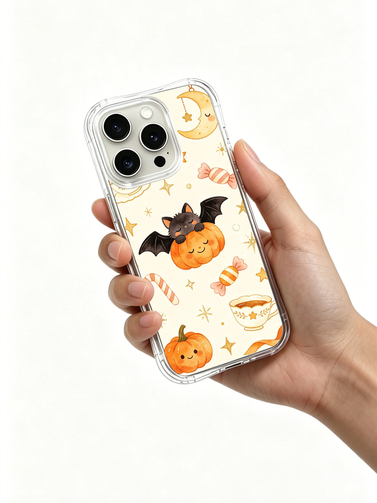 Sleepy Bat Ribbon Party iPhone 14 Pro case held in hand