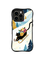Black iPhone 15 Pro case with a long-tailed black cat guiding a sleigh of gifts through layered blue snowbanks