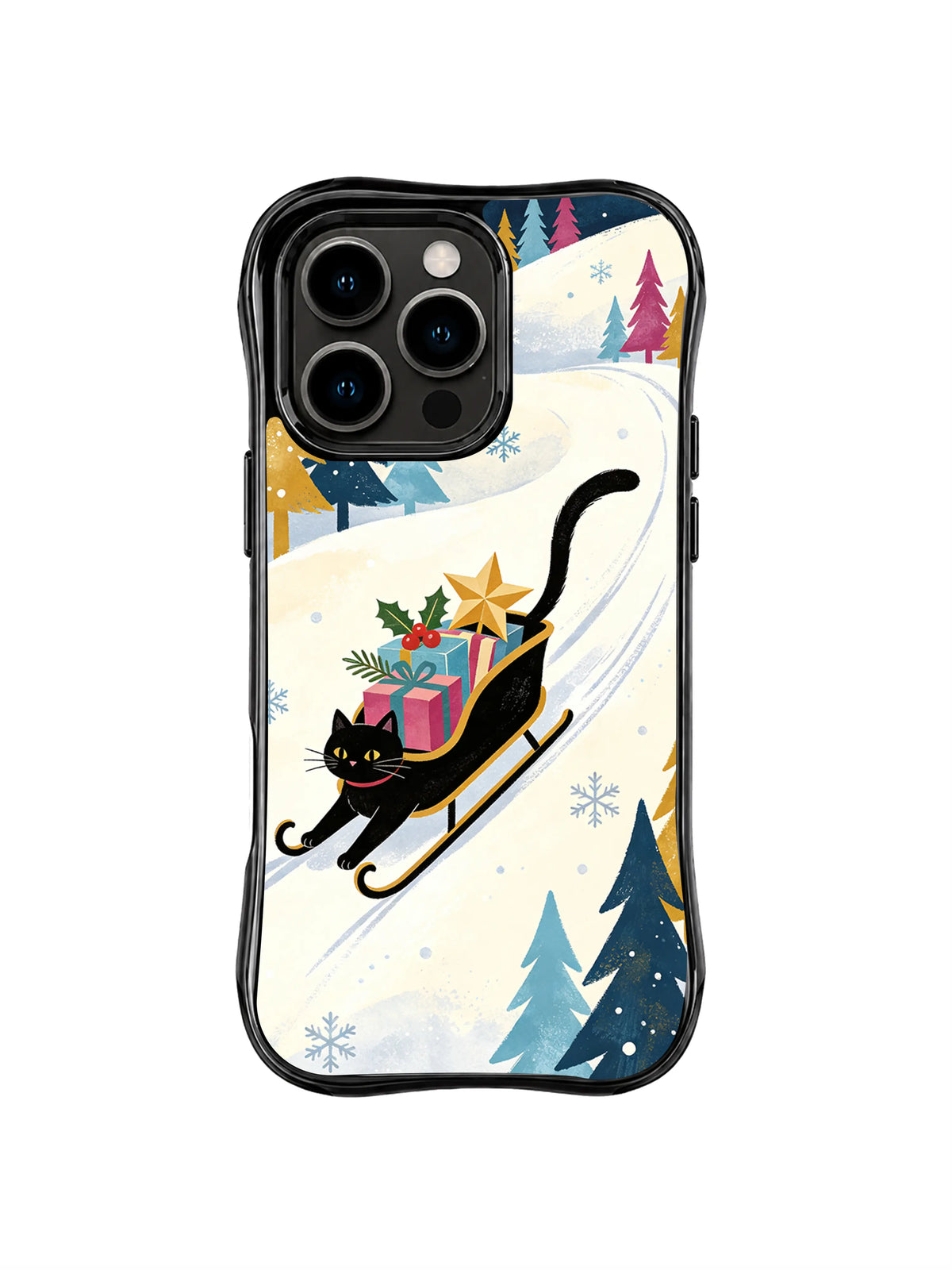 Black iPhone 15 Pro case showing a leaping black cat on a sleigh with holly, gifts and a gold paper star
