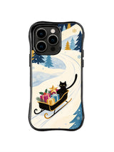 Black iPhone 15 Pro case with a black cat, gift-filled sleigh, winding icy trail, navy firs and graphic snowflakes