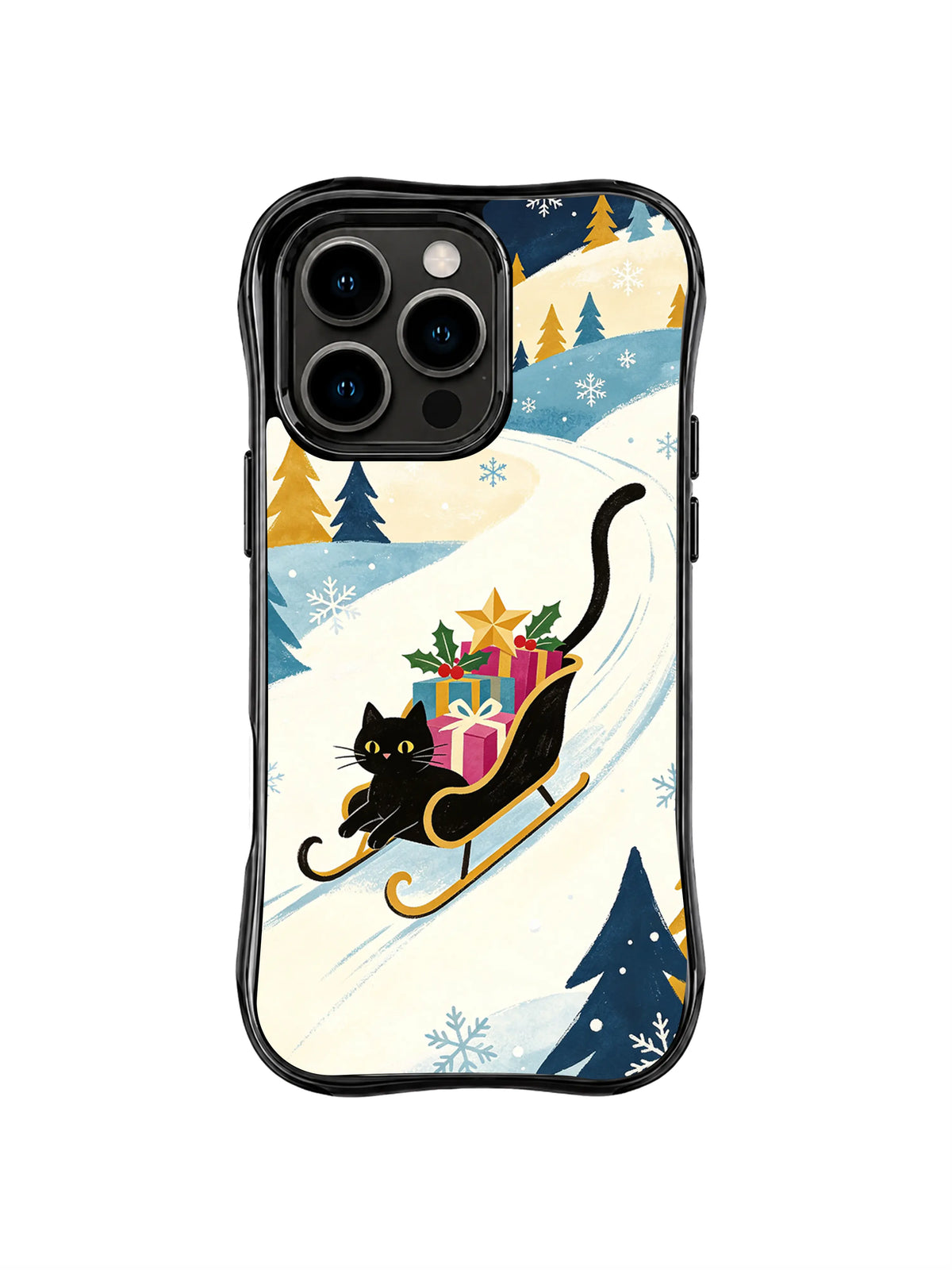 Black iPhone 15 Pro case with a black cat beside stacked presents on a curved sleigh under blue winter hills