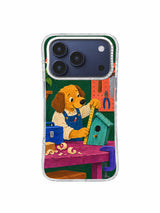 Crooked turquoise birdhouse doorway on a colorful dog carpenter iPhone 17 Pro case