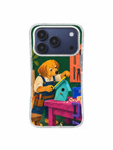 Mustard-yellow dog carpenter measuring a turquoise birdhouse roofline on an iPhone 17 Pro case