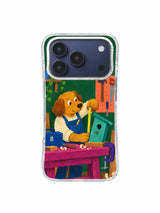 Dog carpenter reinforcing a small turquoise birdhouse on an iPhone 17 Pro case