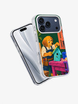 Angled transparent iPhone 17 Pro case with the dog carpenter birdhouse artwork