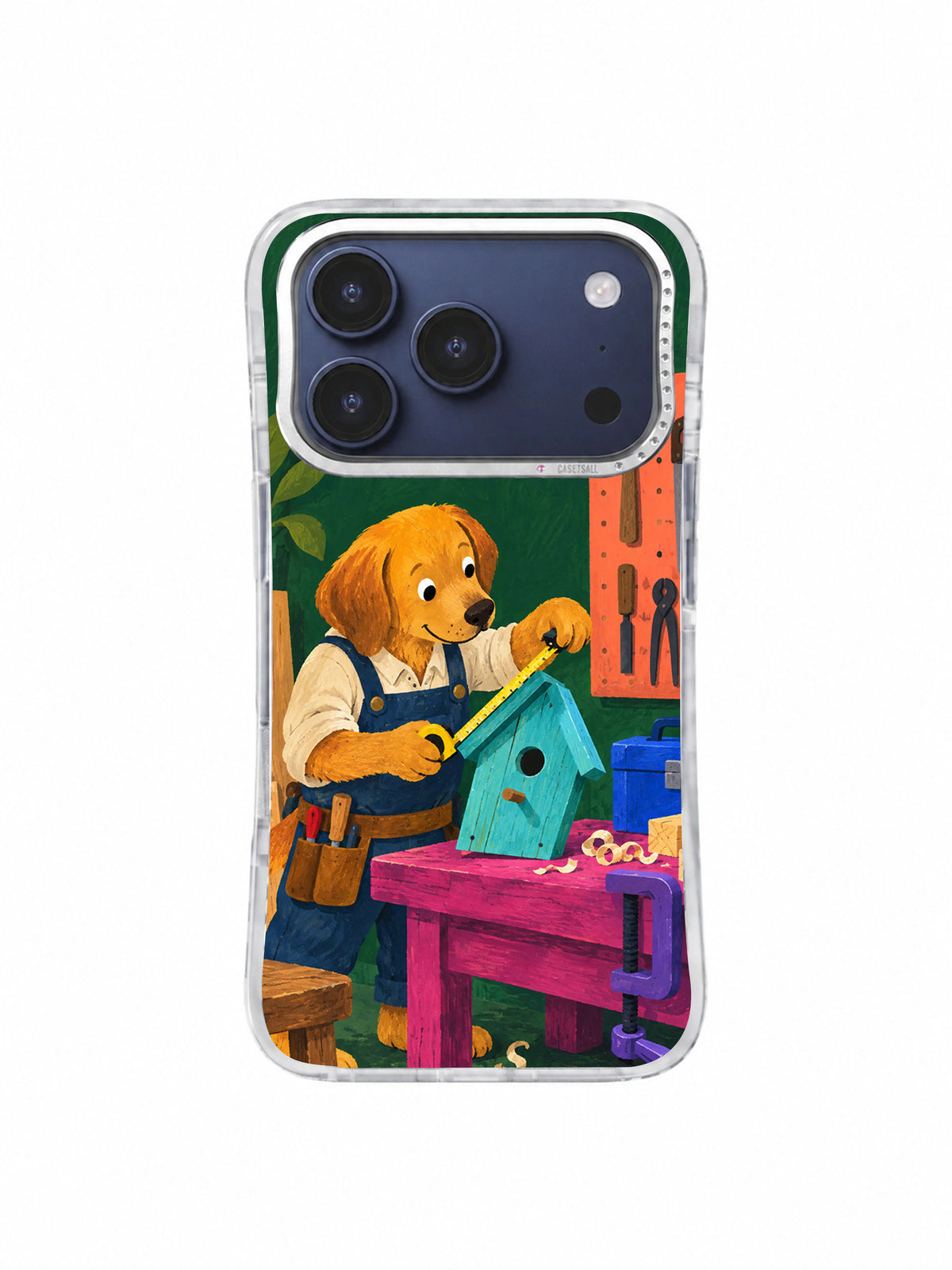 Transparent iPhone 17 Pro case front view with A House for One Small Bird artwork