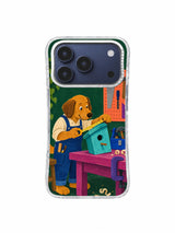 Dog carpenter checking a turquoise birdhouse on a magenta workbench on an iPhone 17 Pro case