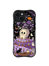 Smiling Coffin Bloom iPhone 13 case with purple flowers, ghosts and black cat gardener
