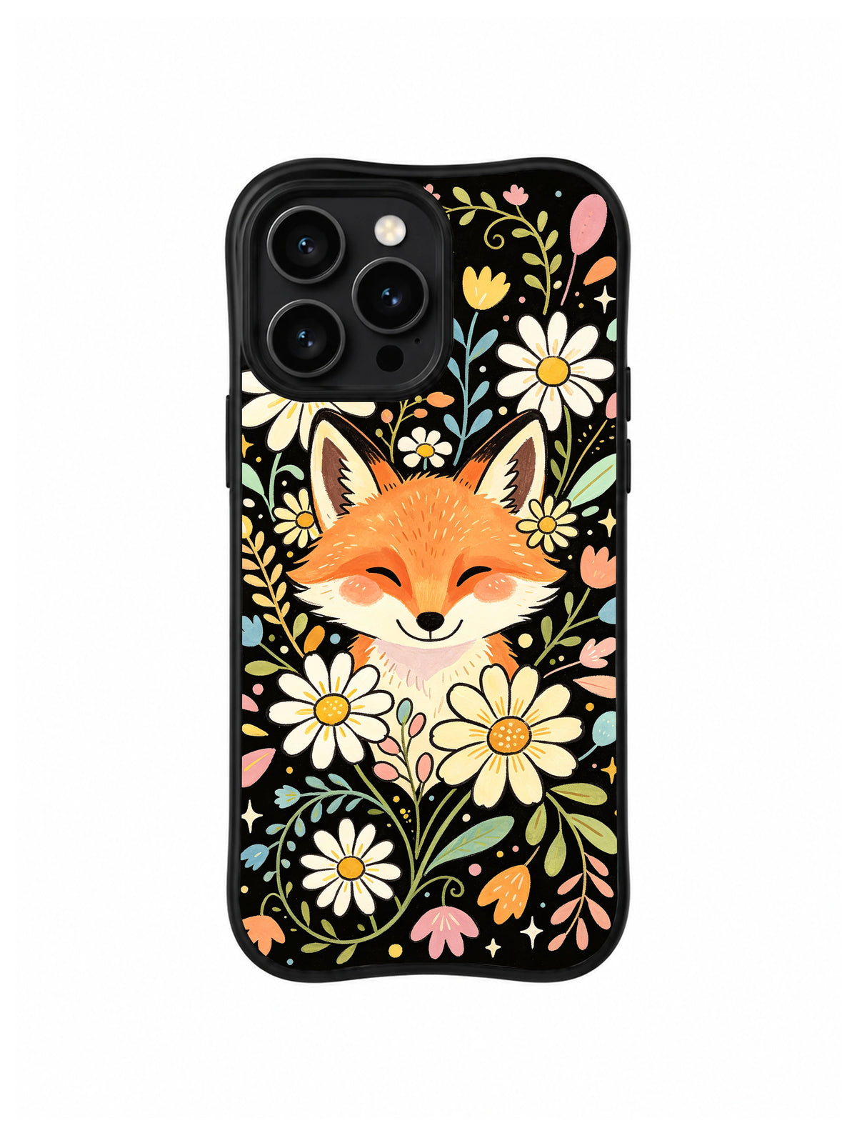 Smiling Fox Daisy Grove: A smiling orange fox is surrounded by white daisies, leaves and small flowers.