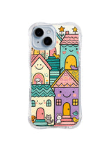 Happy Porch Neighbors: Colorful houses with friendly faces gather beneath stars and bright roofs.