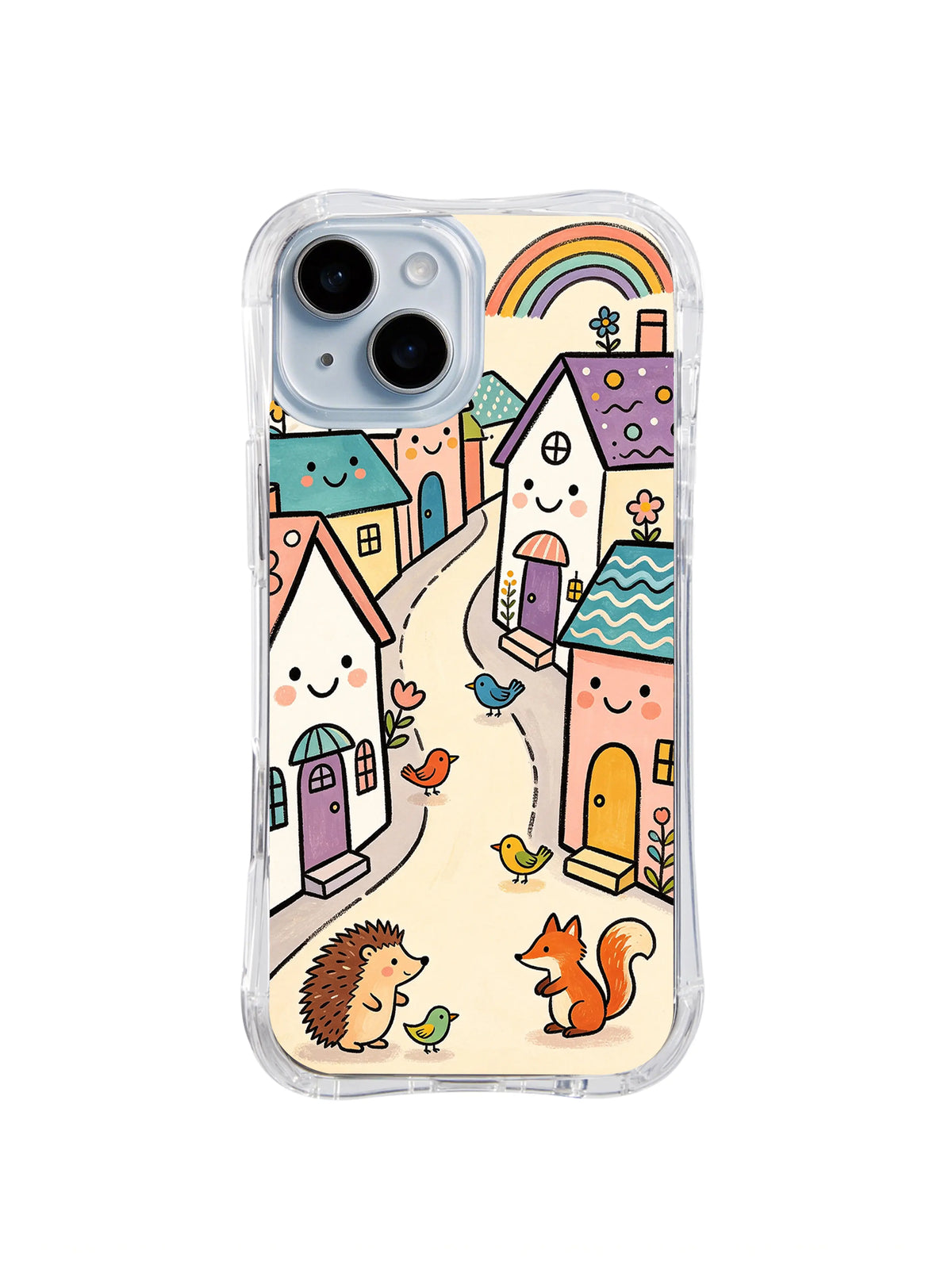 Rainbow Lane Friends: Smiling pastel houses, a rainbow and small animals line a winding lane.