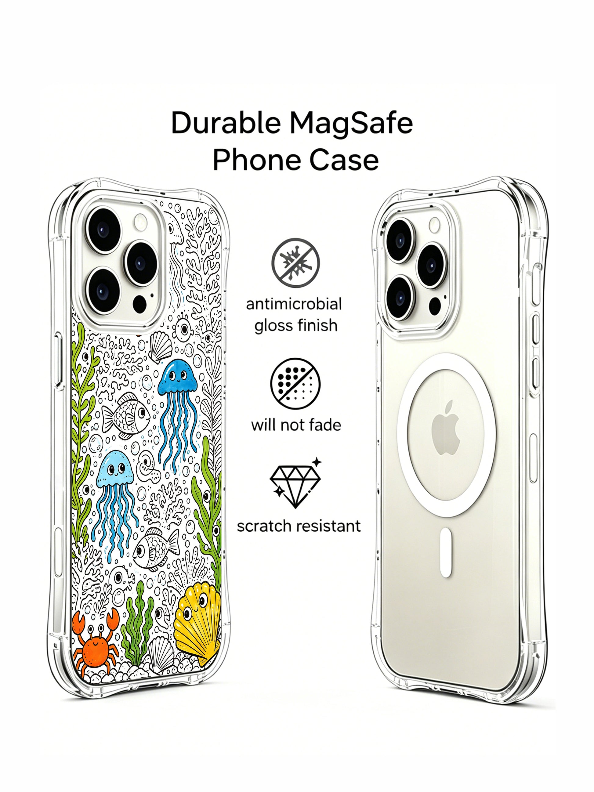Adorable eyed seaweed and grinning sea creature doodle iPhone 15 pro Case by Nico Scribble, fade-proof personalized phone casing from PhoneCasing, slim transparent illustrated phone cover.