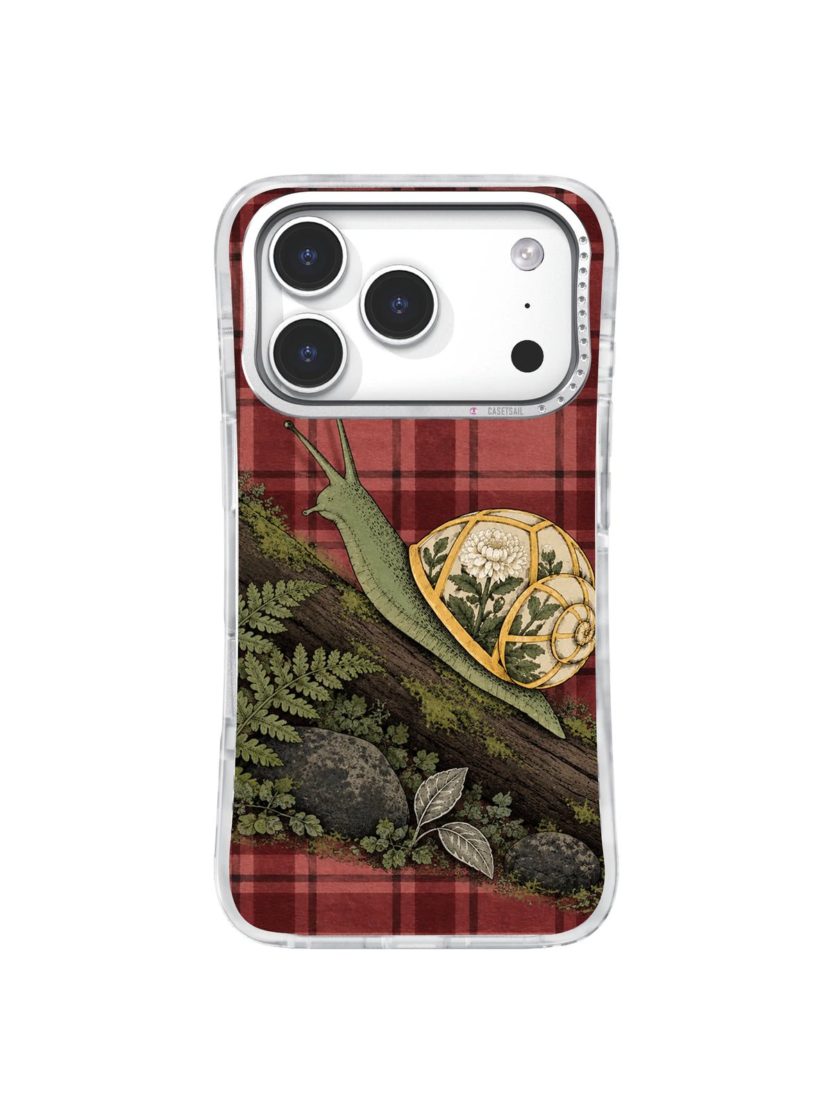 Sage snail among ferns on rose plaid iPhone 17 Pro case pattern three