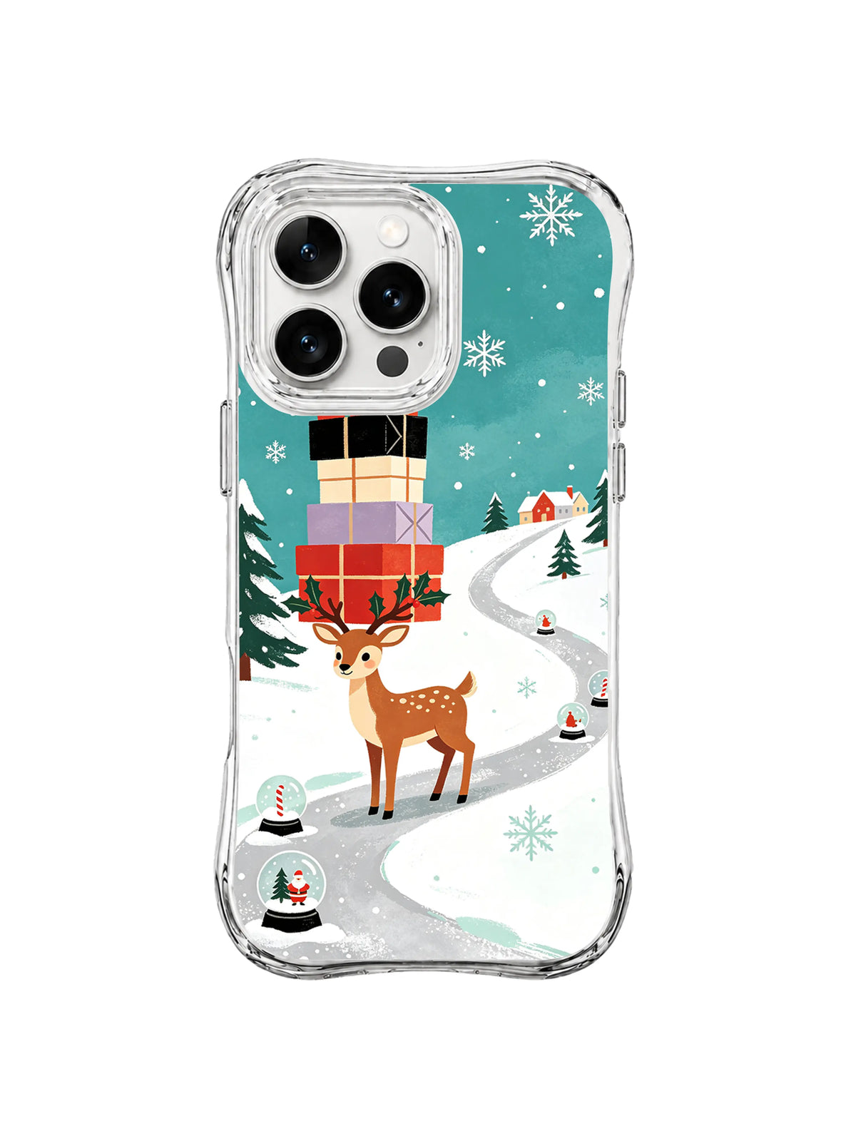 Snow globe gift crossing reindeer artwork on an iPhone 15 Pro case with a tall parcel stack and winter village