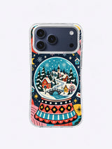 Aurora Village Globe artwork on an iPhone case with snowy cottages, dark fir trees, aqua sky, and coral and yellow accents