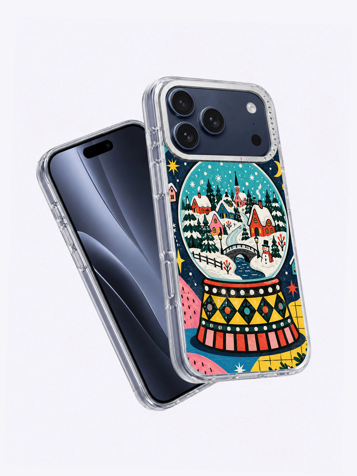 Angled front and back product view of Snow Globe Town artwork on an iPhone 17 Pro Max case