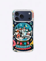 Midnight Snow Globe Village artwork on an iPhone case with a turquoise globe, red cottages, snow, stars, and colorful striped base