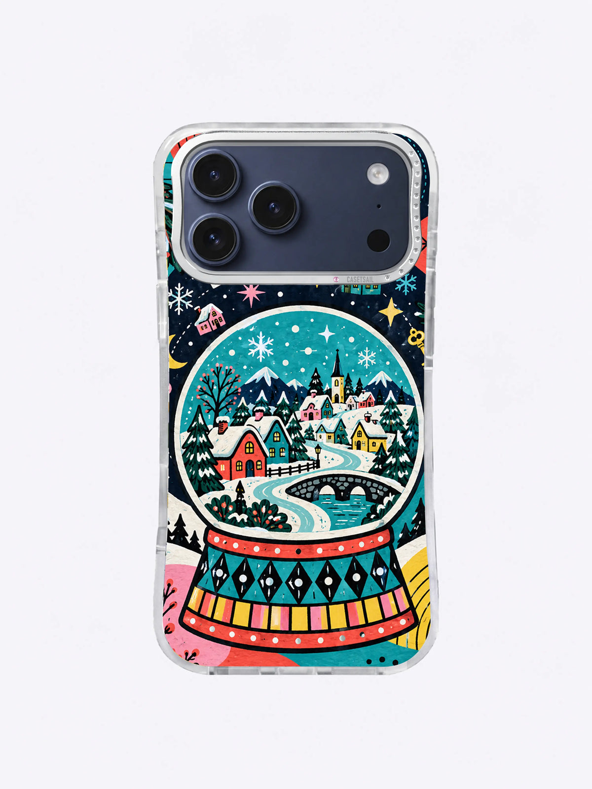 Turquoise Alpine Globe artwork on an iPhone case with snowy mountain rooftops, fir trees, geometric snow, and diamond-pattern base