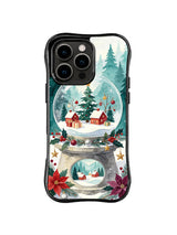 Twin snow globes and evergreen forest artwork on a black iPhone 16 Pro case