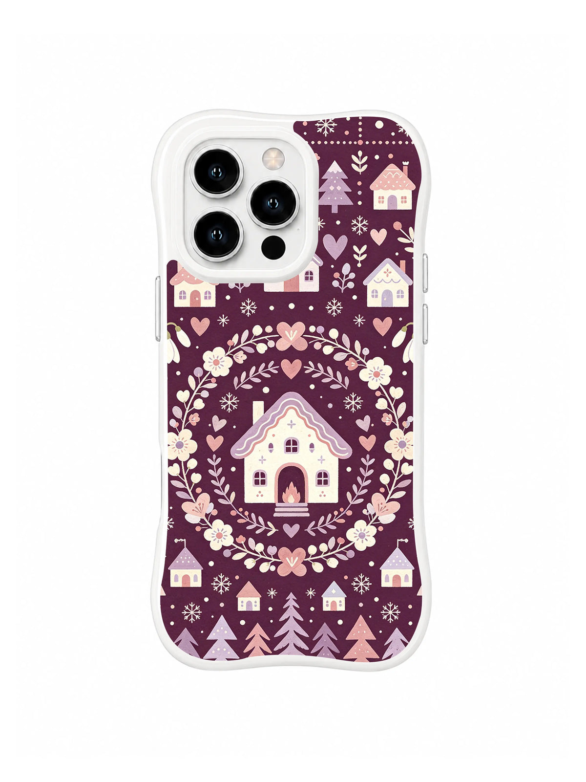 Snowdrop Heart House folk art iPhone 13 Pro case in ivory, dusty pink and mulberry