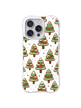 Snowlight Cookie Forest / Ribbon Snow Pines: Repeating small green trees with white tiers and red ribbon lines.