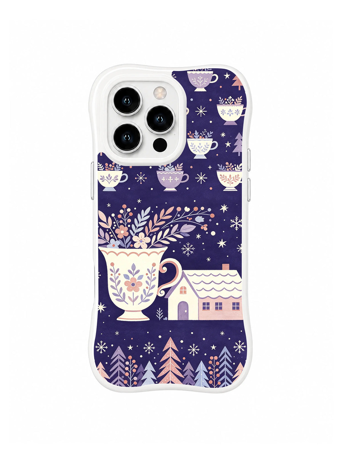 Snowroof Cup Cottage pattern on a white iPhone 13 Pro case with floral teacups, a snow-roof home, branches and stars on violet blue