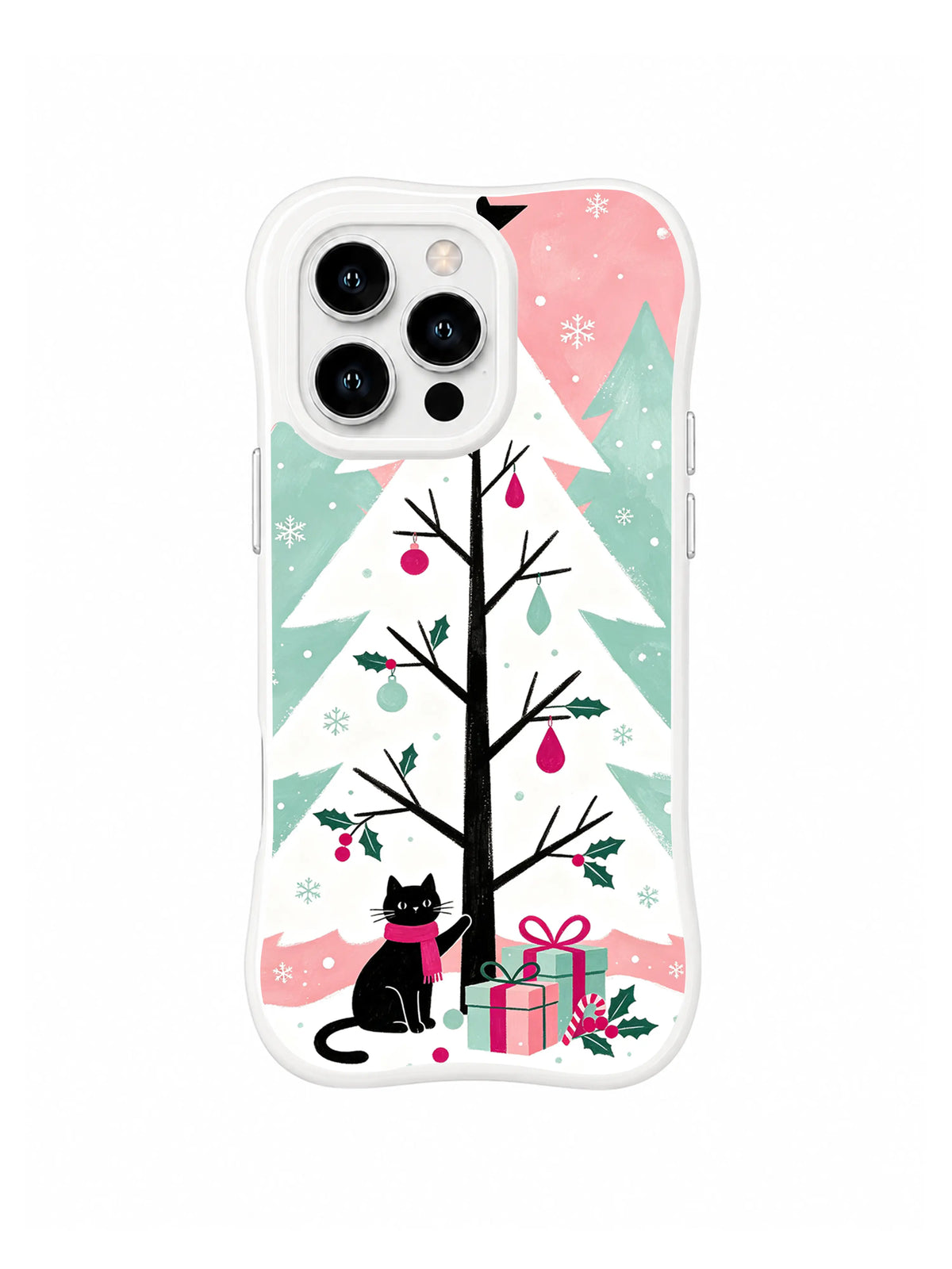 Black cat beside a white Christmas fir and pink gifts on a clear iPhone 15 Pro case
