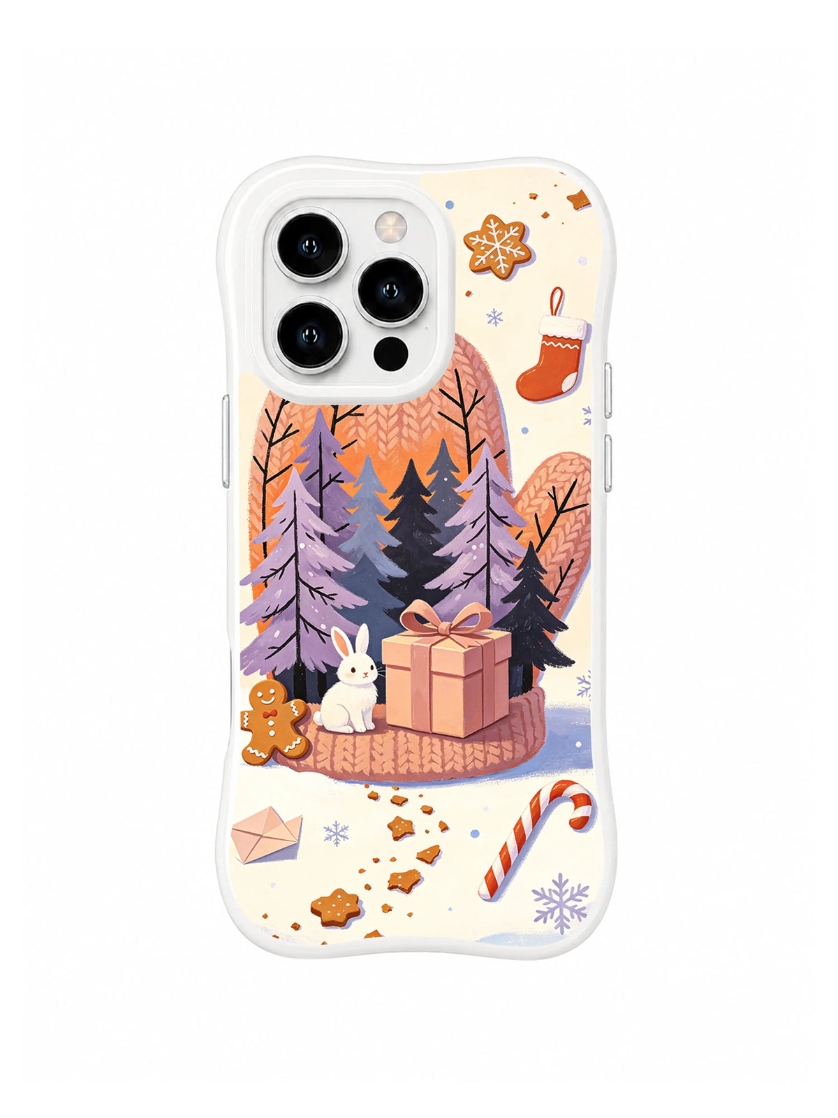 Snowy letter path rabbit artwork on an iPhone 15 Pro case with cookie crumbs, winter trees and a wrapped gift