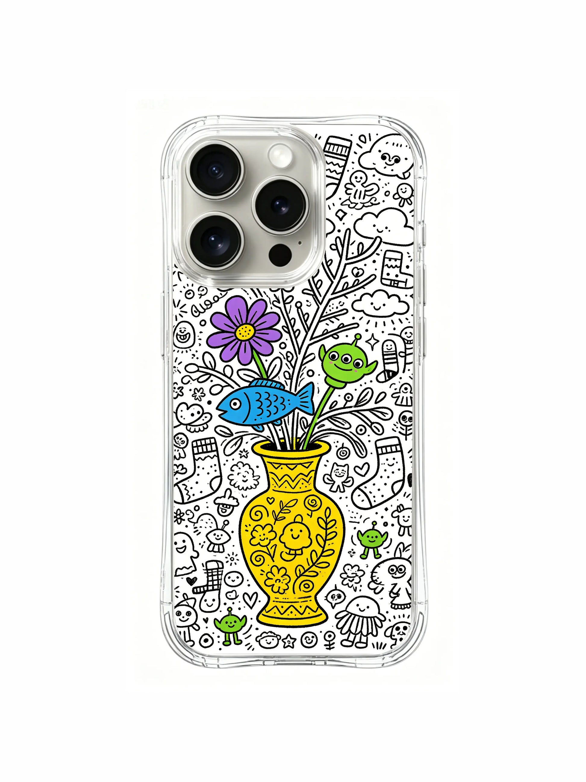Tiny sock and alien detailed vase doodle iPhone 15 pro Case, lightweight shockproof phone casing, popular trending cartoon phone cover from PhoneCasing.