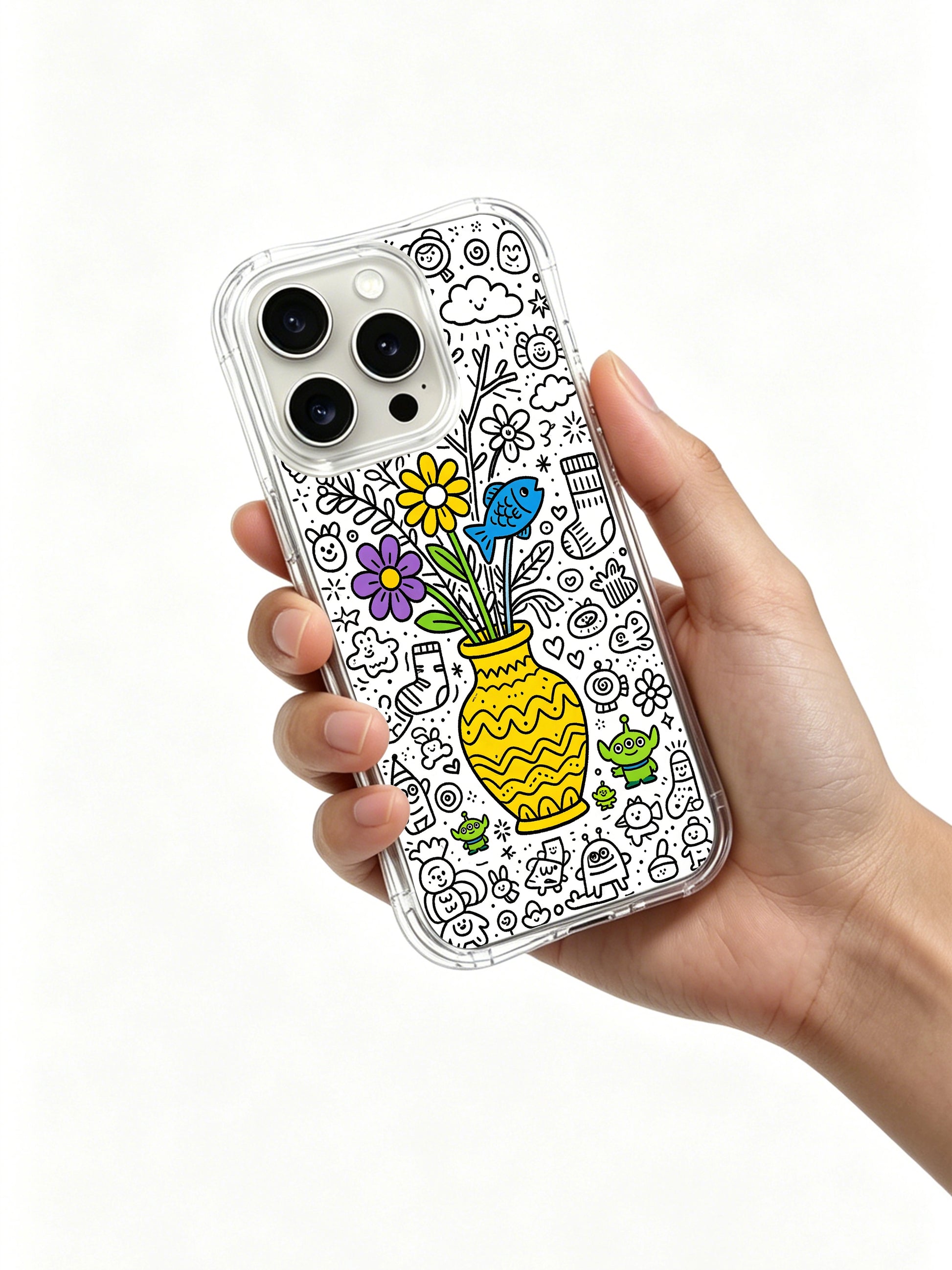 Friendly sock, flower and alien vase gathering design iPhone 15 pro Case, durable antimicrobial phone casing exclusively developed by PhoneCasing.