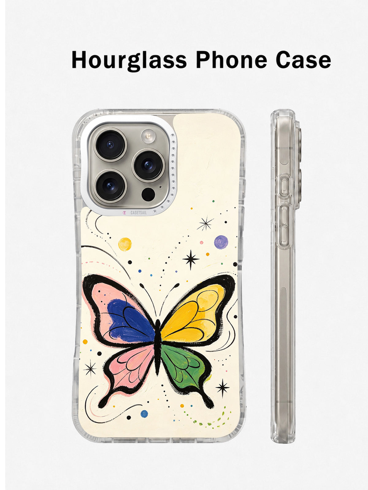 Pastel butterfly art iPhone 16 Pro case front and side view