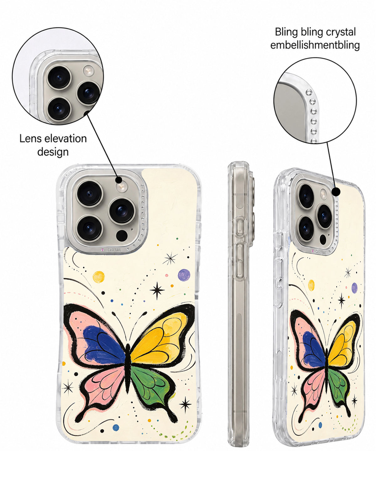 Crystal camera frame butterfly iPhone 16 Pro case detail