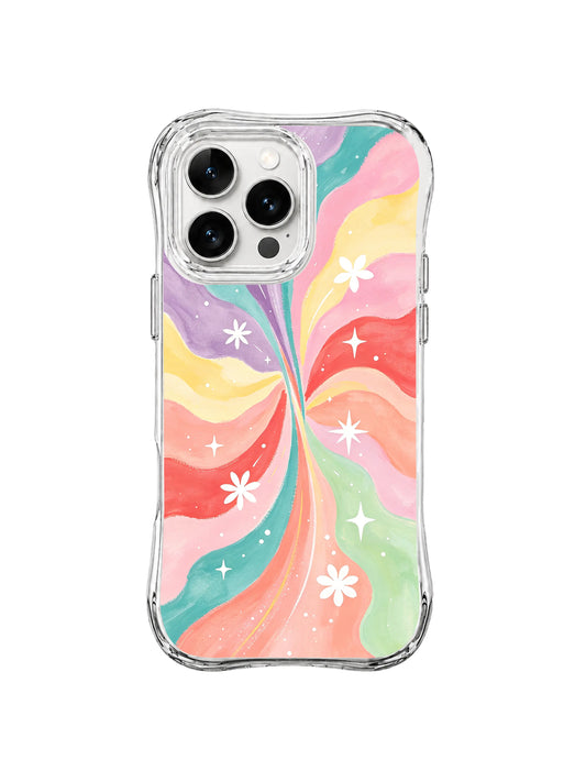 Floral Star Vortex: Yumuşak pembe, sarı, lavanta, mercan, mint ve turkuaz akıntılar beyaz çiçekler ve yıldız parlamalarıyla bir girdap oluşturur.