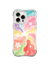 Pastel Blossom Nova: Pastel turquoise, lavender, pink, yellow, coral and green bands radiate from a white center with flowers and stars.