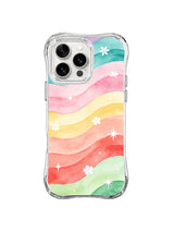 Celestial Flower Horizon: Horizontal turquoise, pink, yellow, coral and mint bands contain white flowers and starbursts.