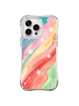 Coral Star River: Diagonal coral, pink, yellow, mint, turquoise and lavender bands carry white flowers and stars.