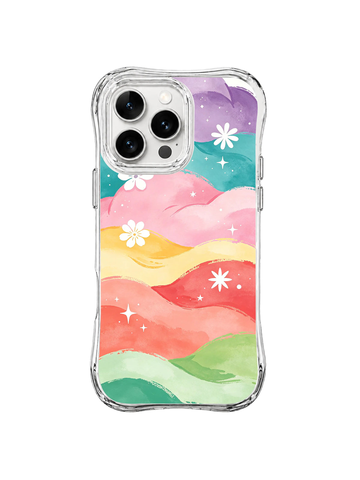 Lavender Flower Fields: Horizontal lavender, turquoise, pink, yellow, coral and green fields include white flowers and starbursts.