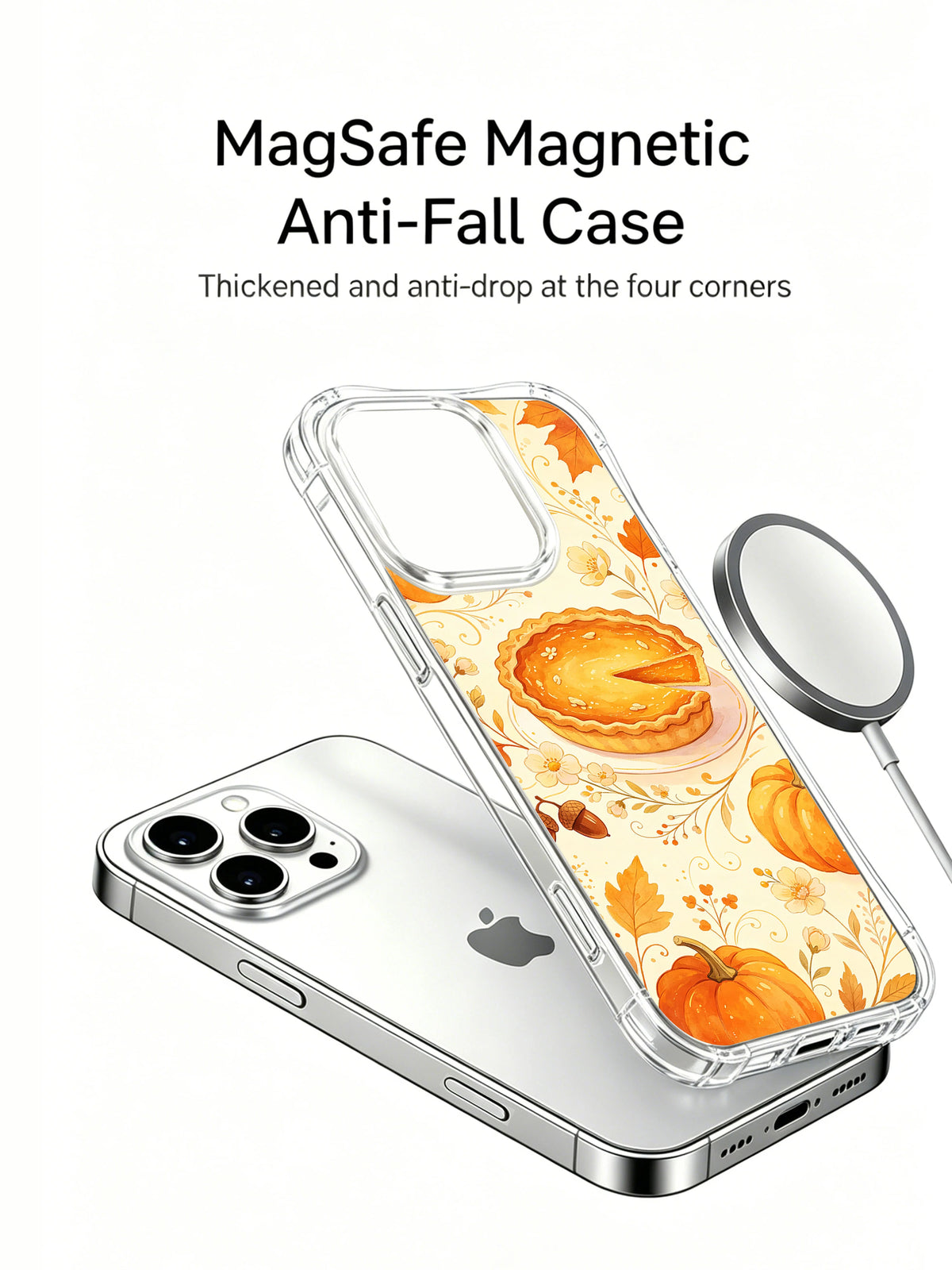 Soft Harvest Memories: Illustrated case shown separately above a phone, beside a circular charging puck.