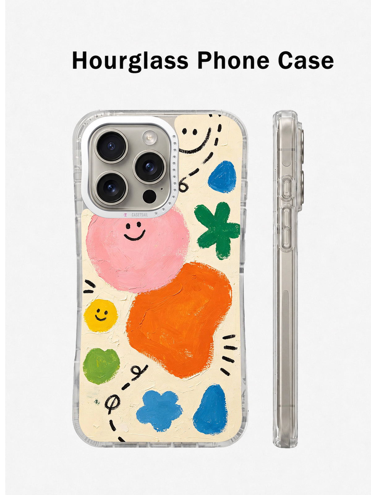 Colorful abstract smiley iPhone 16 Pro case front and side view