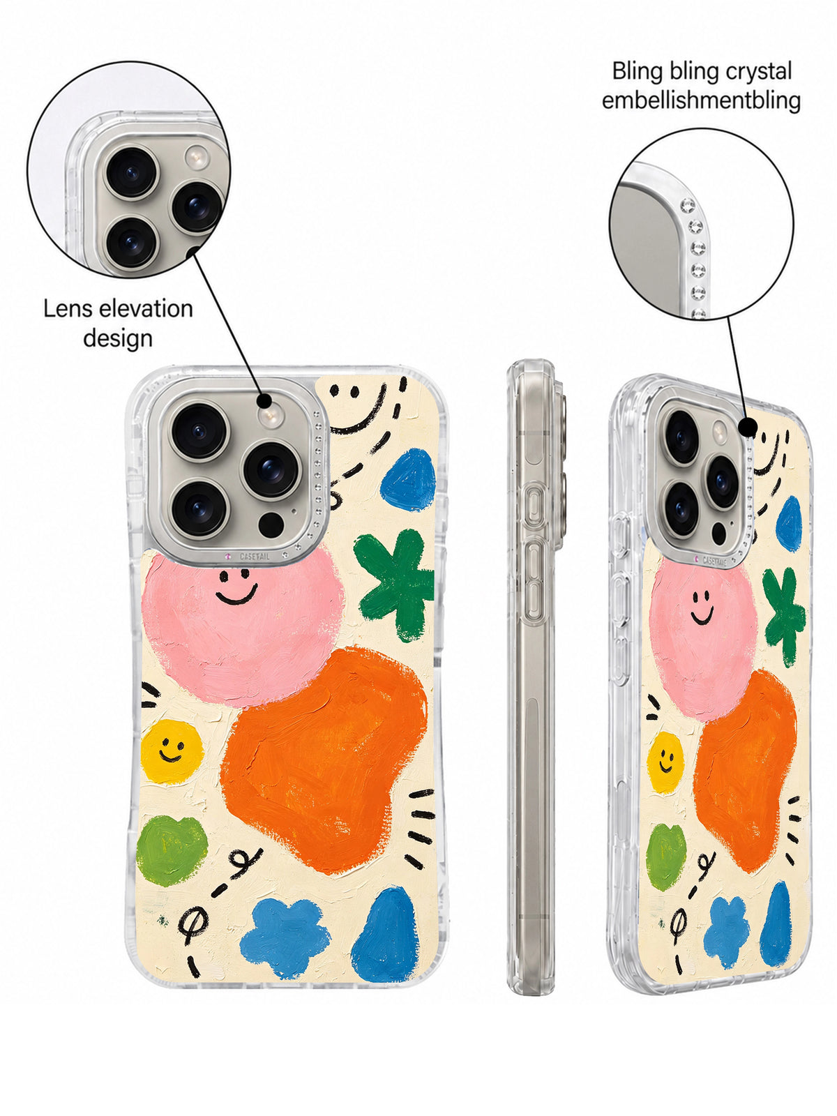 Crystal camera frame colorful smiley iPhone 16 Pro case detail